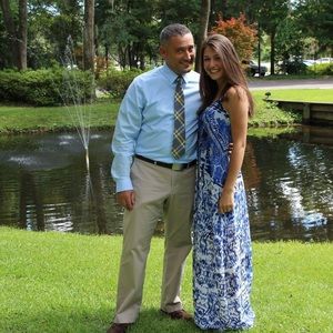 Beautiful floor-length blue and white dress